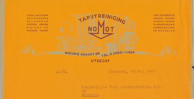 711816 Briefhoofd van een brief van Nomot, Tapijtreiniging, Textielveredelingsbedrijf, Nieuwe Gracht 155 te Utrecht, ...